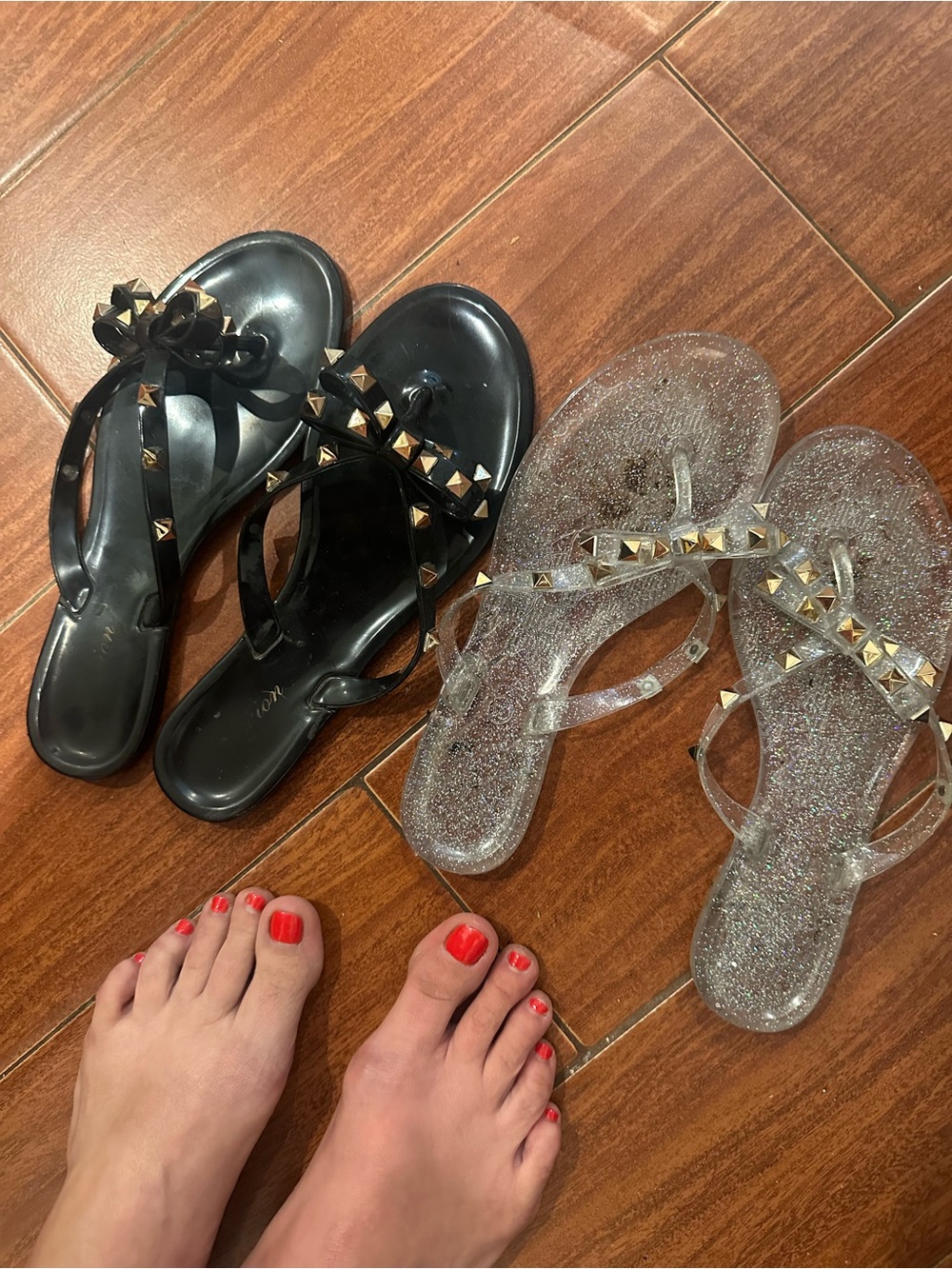 WW Studded Jelly Thong Sandals - Black and Clear